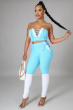 Fashion Casual Patchwork Strapless Lace-Up 2 Piece Pants Set