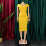 Solid Short Sleeve Office Bodycon Midi Dress