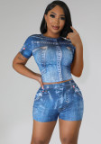 Fashion 2-Piece Set Print Fake Denim Short Sleeve Top & Shorts