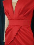 Red V-Neck Bodycon Midi Dress