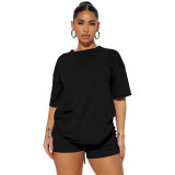 Stylish Casual Ripped Solid Short Sleeve Two-Piece Shorts Set