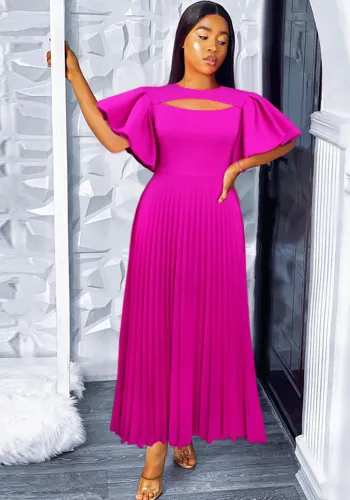 Hot Pink Balloon Sleeve Cutout Pleated Dress