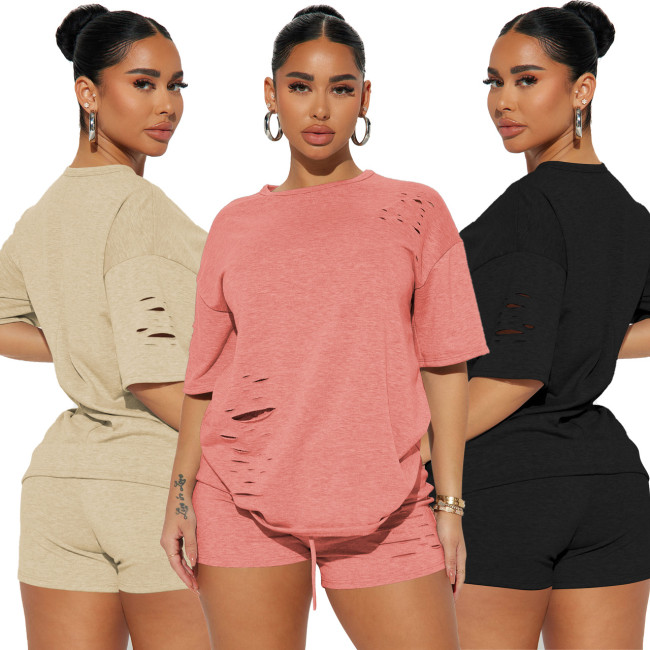 Stylish Casual Ripped Solid Short Sleeve Two-Piece Shorts Set