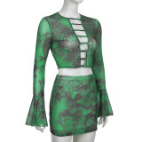 Chiffon Print Green Skirt Set Bell Bottom Sleeve Cutout Top & Bodycon Skirt 2PCS
