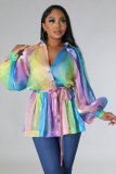 Gradient Colorful Puff Sleeve Tie Waist Shirt