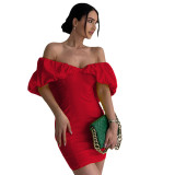 Solid Ruched Off Shoulder Bodycon Mini Dress