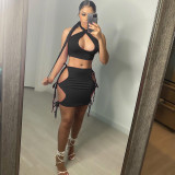 Sexy Solid Cut Out Lace up 2PCS Skirt Set