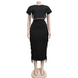 Solid Tassel O-Neck Short Sleeve Crop Top and Long Skirt 2PCS Set