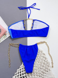 Two Tone Blue Metal Chain Halter Bikini Set