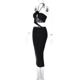 Black Halter Cutout Slim Midi Dress for Women