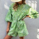 Women Fashion Chic Print Stand Collar Rompers