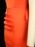 Orange Cap Sleeve Slit V-Back Bow Trim Long Dress