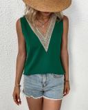Solid V-Neck Lace Patchwork Sleeveless Top