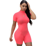 Sexy Pure Color Short Sleeve Zipper Mock Neck Sports Workout Rompers