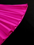 Hot Pink Balloon Sleeve Cutout Pleated Dress