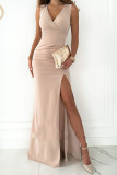 Solid V-Neck Ruched Sleeveless Slit Maxi Dress