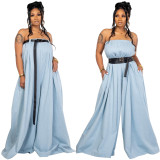 Fashion Strapless Wide Leg Jumpsuit with Contrast Belt
