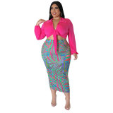 Plus Size Tie Front Long Sleeve Top Bodycon Skirt Two-Piece Set