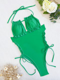 Green Lace Up Low Back Halter Hollow Out One Piece Swimsuit