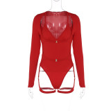 Red Long Sleeve V-neck Nightclub Sexy Cut Out Bodysuit Lingerie
