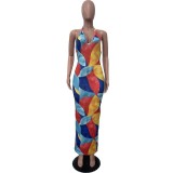 Fashion Geometric Digital Print Halter V-Neck Maxi Dress