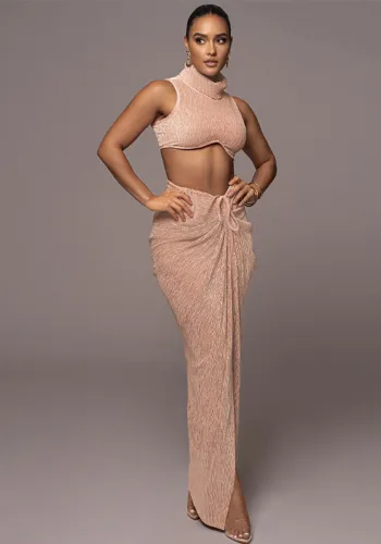High Neck Sexy Crop Top Slit Ruched Maxi Dress 2-Piece Set