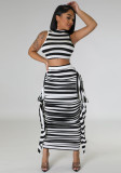 Sexy Striped Tight Fit Crop Tank Top and Tassel Long Skirt Two-Piece Set