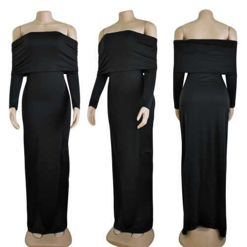 Black Off Shoulder Long Sleeve Slim Fit Maxi Dress