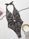 Sexy Leopard Halter Plunge Hollow O-Ring One Piece Swimsuit