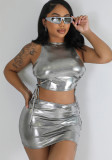 Sexy Shiny 2PCS Set Lace Up Sleeveless Crop Top and Bodycon Skirt