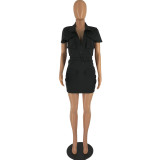 Fashion Zipper Pockets Solid Short Sleeve Bodycon Mini Dress