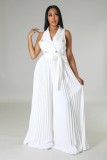 Solid V-neck Sleeveless Slit Back Pleated Wide Leg Career Jumpsuit