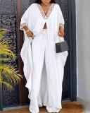 White V-neck Loose Slit Long Gown and Pants 2PCS Set