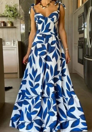 Leaf Print Chic High Waisted Straps Maxi Dress