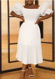 White Off Shoulder Career Puff Sleeve High Waist Pleated Dress
