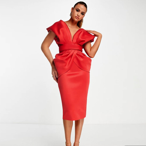 Red V-Neck Bodycon Midi Dress