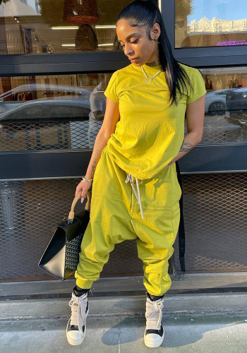 Yellow Short Sleeve Top and Baggy Harem Pants Two Piece Set
