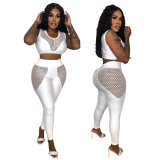 Hollow Out Mesh Patchwork Sexy Cropped Tank Top Pants 2PCS Set