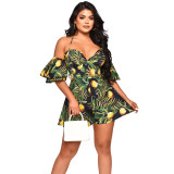 Tropical Floral Ruffles Straps Print Sexy Romper