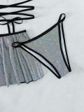 Three Piece Swimwear Shiny Sexy Bikini Set with Skirt Cover Up