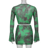 Chiffon Print Green Skirt Set Bell Bottom Sleeve Cutout Top & Bodycon Skirt 2PCS