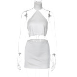 Solid Halter Neck Backless Crop Top Sexy Bodycon Skirt 2PCS Set