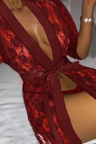 Sexy Deep V See Through Floral Lace Night-robe