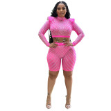 Sexy Tight Fit Mesh See-Through Long Sleeve Rhinestone Crop Top Shorts Two-Piece Suit