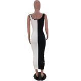 Contrast Color Hollow Out Sleeveless Bodycon Long Dress