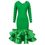 Green V-Neck Hollow Out Sleeve Ruffles Long Party Dress