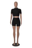 Yoga Shorts Set Solid Zipper Short Sleeve Crop Top Shorts Two Piece Set