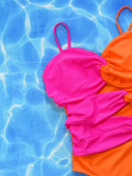 Contrast Hot Pink & Orange Hollow Out One Piece Swimwear