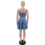 Sexy Denim Shirred Cami Crop Top + Pleated Skirt 2 Piece Set