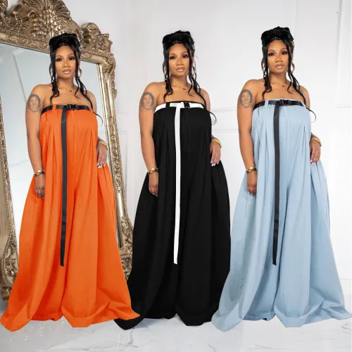 Fashion Strapless Wide Leg Jumpsuit with Contrast Belt
